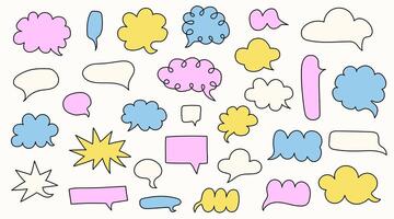 Set of colorful speech bubbles. Dialogue box in doodle style. Modern vintage illustration. Text boxes for chats and games. Various talk balloon shapes in retro 90's style vector