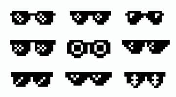 Pixel boss glasses set. Gangster, bandit glasses. Illustration of pixel sunglasses in 8 bit style. Like a boss meme. Pixelated black eyeglass frame vector