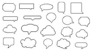 Set of pixel art line speech bubbles. Dialogue box in 8 bit style. Modern vintage illustration. Text boxes for chats and games. Various talk balloon shapes in retro 90's style vector