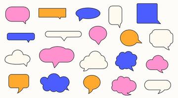 Set of colorful speech bubbles. Dialogue box in doodle style. Modern vintage illustration. Text boxes for chats and games. Various talk balloon shapes in retro 90's style vector