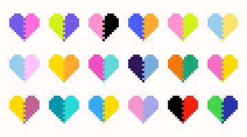 Set of gradient colorful hearts in pixel art style. Love game set. Heart gamer health sign. Pixel icon, illustration isolated on white background. 8-bit retro style symbols vector