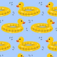 Pattern of yellow duck rubber pool rings. Swim rings in flat style on white background. Swimming in pool with rubber circles, summertime water activities. Rubber toy for water and beach. vector