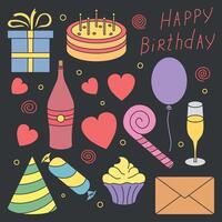 contento cumpleaños iconos cumpleaños antecedentes. ilustración con pastel, regalo caja, fiesta sombrero, globos vector