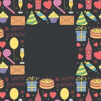 Happy birthday frame. Seamless birthday background. Illustration with cake, gift box, party hat, balloons. vector