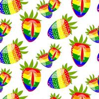 Pattern of strawberries painted in all colors of the rainbow. Colorful berries individually and together. Whole halves in different poses. An LGBT symbol. Suitable for website, blog, product packaging vector