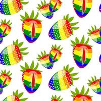 Pattern of strawberries painted in all colors of the rainbow. Colorful berries individually and together. Whole halves in different poses. An LGBT symbol. Suitable for website, blog, product packaging vector