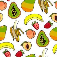 un modelo de todo frutas, bayas y su mitades con un contorno, jugoso fresas, banana, durazno, papaya. para textil huellas dactilares, fondos de pantalla o embalaje materiales el Fruta ornamento sin costura. vector