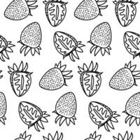 A pattern of contoured whole strawberries and their cuts. Monochrome fresh berries with tails. Texture for freshness, taste and natural beauty for any design project. Seamless vector