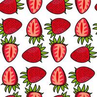 Pattern of whole strawberries and their cuts with a contour. Bright red color of fresh berries with green leaves. Texture is suitable for adding freshness, color natural beauty to any design project vector