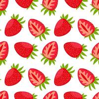 A pattern of whole strawberries and their cuts. Bright red color of fresh berries with green leaves. Strawberry texture is suitable for adding freshness, color and natural beauty to any design project vector