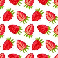 A pattern of whole strawberries and their cuts. Bright red color of fresh berries with green leaves. Strawberry texture is suitable for adding freshness, color and natural beauty to any design project vector