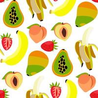 Pattern of whole fruits, berries and their halves, juicy strawberries, banana, peach, papaya. For textile prints, wallpapers or packaging materials. Ornament fruits is creative and seamless. vector