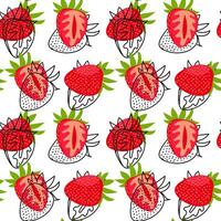Pattern of whole strawberries and their cuts with a contour is shifted. The bright red color of fresh berries with green leaves. Texture for freshness, color and natural beauty for any design project vector
