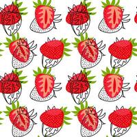 Pattern of whole strawberries and their cuts with a contour is shifted. The bright red color of fresh berries with green leaves. Texture for freshness, color and natural beauty for any design project vector