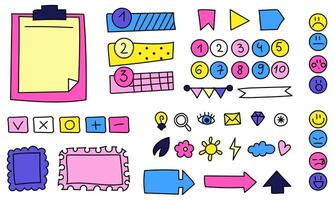 Sticky hand drawn doodle psychedelic notes on paper, cute blanks, office notices, home reminder. Paper stickers, talking clouds, arrows, elements, frames, numbers for school, university, work vector