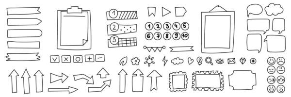 Sticky hand drawn doodle psychedelic notes on paper, cute blanks, office notices, home reminder. Paper stickers, talking clouds, arrows, elements, frames, numbers, school, university, work Set Contour vector