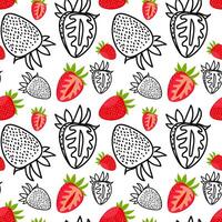 Pattern of whole strawberries and their sections and a contour separately. Bright red color of fresh berries with green leaves. Texture for freshness, color and natural beauty for any design project vector