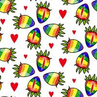 Pattern of strawberries painted in all colors of the rainbow. Colorful berries individually with hearts. Whole halves in different poses. An LGBT symbol. Suitable for website, blog, product packaging vector