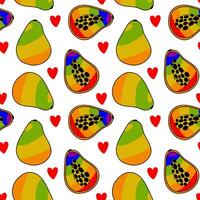 A pattern of papayas painted inside in all the colors of the rainbow. Repeating fruits with contours and color. Whole and cut in different poses. An LGBT symbol. Suitable for website, packaging vector