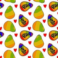 A pattern of papayas painted inside in all the colors of the rainbow. Repeating fruits with contours and color. Whole and cut in different poses. An LGBT symbol. Suitable for website, packaging vector