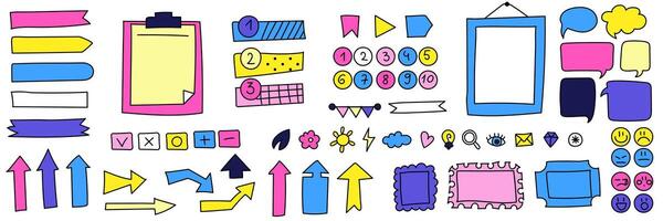 Sticky hand drawn doodle psychedelic notes on paper, cute blanks, office notices, home reminder. Paper stickers, talking clouds, arrows, elements, frames, numbers, school, university, work. Set white vector