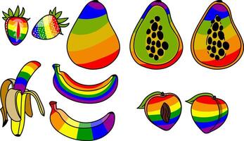 A set of fruits, painted in all colors of the rainbow, with a contour. Peach, banana, papaya, strawberry. Multicolored fruits are whole and halves in LGBT colors. Suitable for website, blog, product vector