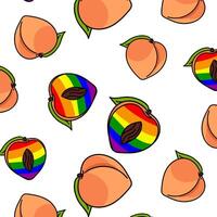 A peach pattern painted inside in all the colors of the rainbow. Repeating fruits with contours and color. Whole and cut in different poses. An LGBT symbol. Suitable for website, packaging vector