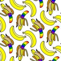 A pattern of bananas painted inside in all the colors of the rainbow. Repeating fruits with contours and color. An open and closed banana in different poses. An LGBT symbol. Suitable for packaging vector