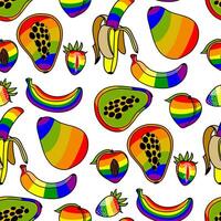 A pattern of fruits painted in all colors of the rainbow with a contour. Peach, banana, papaya, strawberry. Multicolored fruits are whole and halves in LGBT colors. Suitable for website, blog, product vector