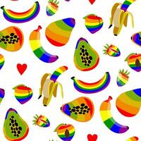 A pattern of fruits painted in all colors of the rainbow. Peach, banana, papaya, strawberry. Multicolored fruits are whole and halves in LGBT colors. Suitable for website, blog, product packaging vector