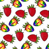 A pattern of strawberries painted inside in all the colors of the rainbow. Repeating fruits with contours and color. Whole and cut in different poses. An LGBT symbol. Suitable for website, packaging vector