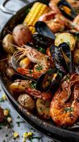 Rustic Charm, the essence of a seafood boil on a white background, pile up steamed shrimp, mussels, and clams in a large pot photo