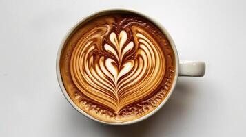 Coffee Art, A close-up shot of latte art on the surface of a coffee cup, such as a heart, leaf, or rosetta design, isolated on a white background photo