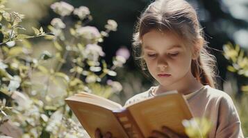 un joven blanco niña es leyendo un libro seriamente en contra el fondo de un hermosa jardín foto