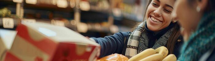 Community Advocate, A young woman volunteers at a local food bank, handing out groceries to a family with a warm smile photo