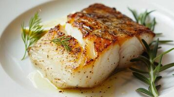 Simple elegance, perfectly cooked piece of seafood on a white plate photo