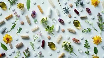 Herbal Capsules and Pills, various herbal capsules and pills, arranged in a pattern on a white background photo