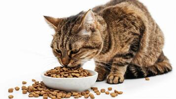 A cat eats dry food in a bowl, isolated on white background photo
