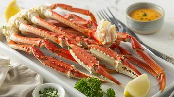 Crab Legs arranged on a white serving tray, accompanied by drawn butter and cocktail sauce photo