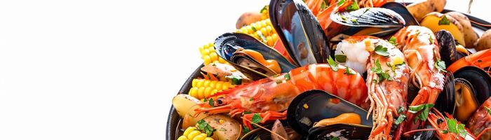 Rustic Charm, the essence of a seafood boil on a white background, pile up steamed shrimp, mussels, and clams in a large pot photo