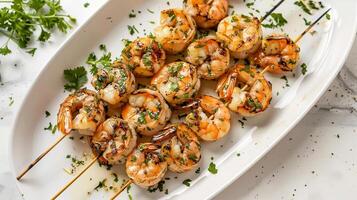 Grilled Shrimp Skewers arranged on a white serving platter photo