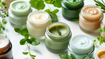 Herbal balms, lotions or creams in small jars, set against a white background photo