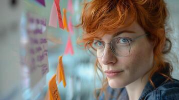 Creative Brainstorming, A red-haired businesswoman participating in a brainstorming session with her team photo