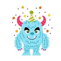 Fluffy blue monster in flat style on a white background. Holiday monster. Monster with confetti. Festive kids cartoon monster character. vector