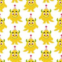 Fluffy yellow monster in flat style on a white background. Birthday pattern. Festive kids cartoon monster character. Pattern for textile, wrapping paper, background. vector