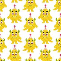 Fluffy yellow monster in flat style on a white background. Birthday pattern. Festive kids cartoon monster character. Pattern for textile, wrapping paper, background. vector