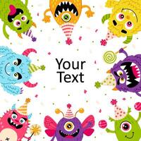 Monsters with confetti in flat style. Postcard, poster, banner with kids cartoon characters. Festive background. vector