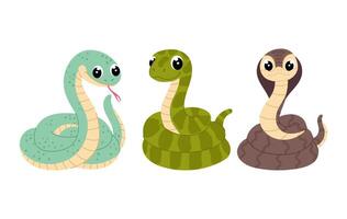 Set cute snakes in flat style. Cartoon snakes on a white background. Kids illustration of animals. Symbol of 2025, New Year. vector