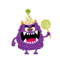 Toothy fluffy monster with lollipop in flat style. Birthday, holiday, congratulation. Kids monster character. vector