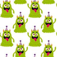 Pattern for textile, wrapping paper, background. Funny green monster in flat style on a white background. Kids cartoon character. vector